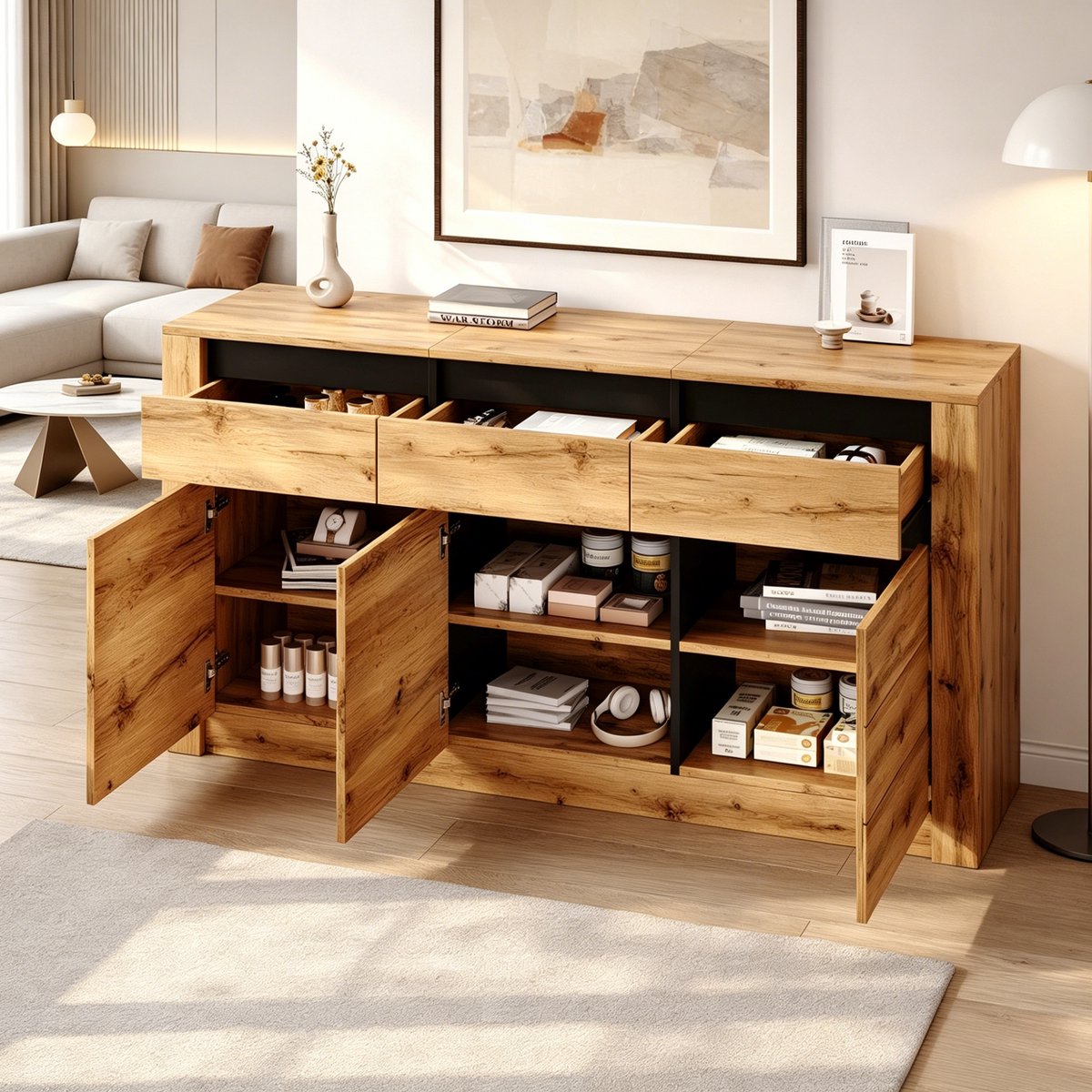 OKWISH Dressoir – Golfstructuur – 135 x 35 x 70 cm – 3 Lades En 3 Kastvakken – Verstelbare Planken – Spaanplaat Naturel