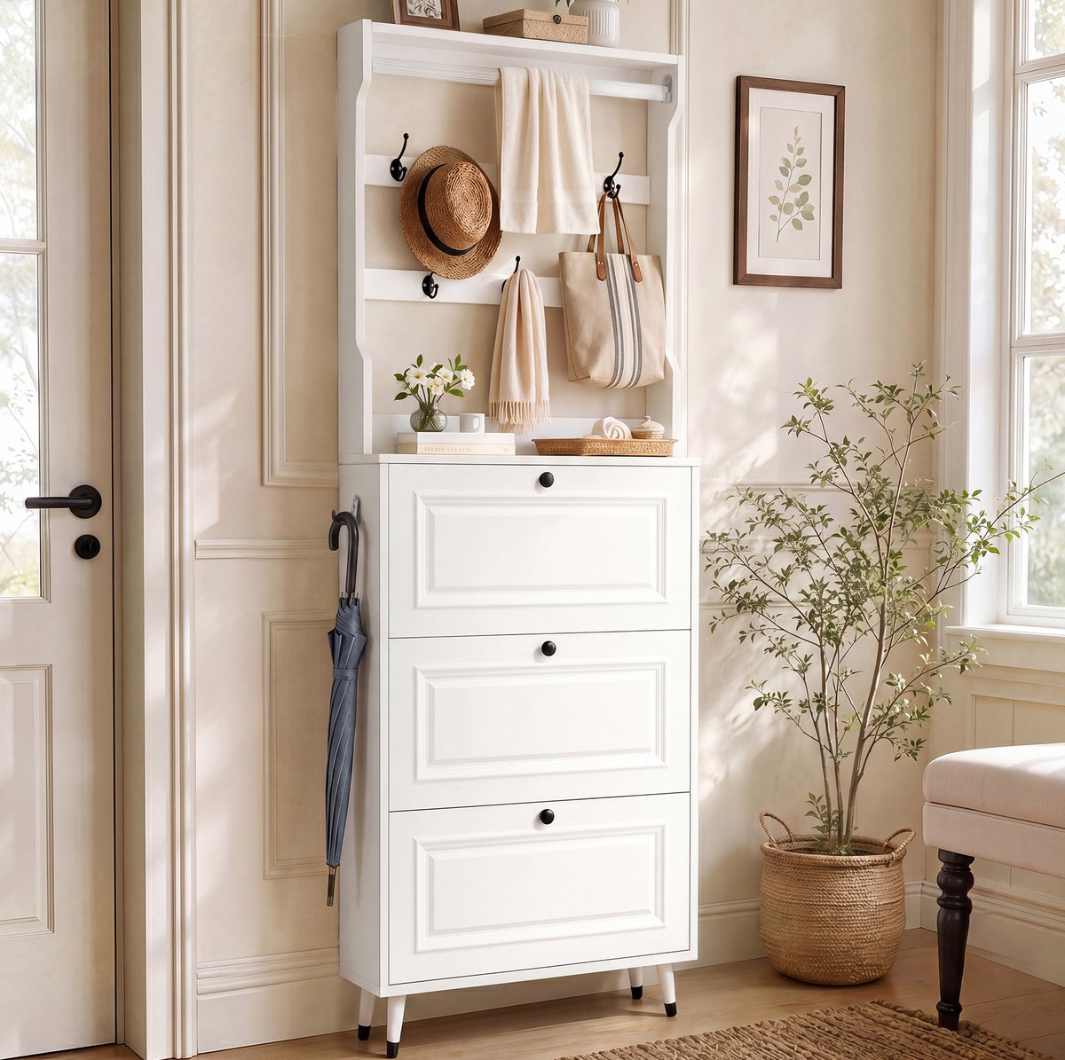 OKWISH Schoenenkast - Met Kapstok En 3 Klapdeuren - Voor Hal En Entree - MDF En Spaanplaat Wit - 66 x 17 x 180 cm