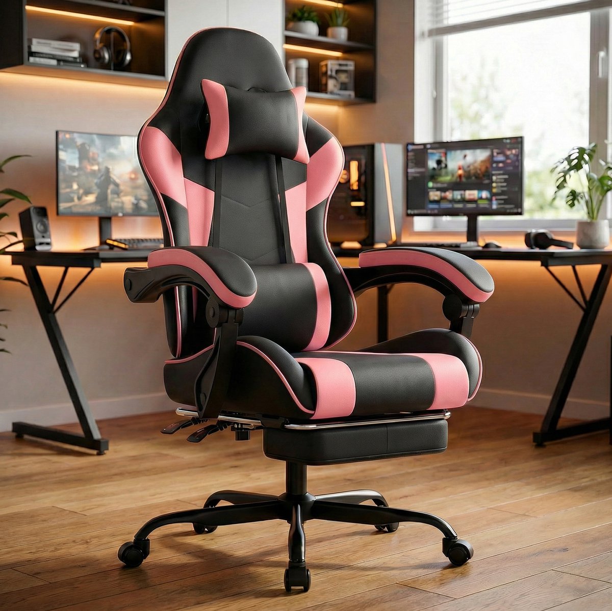 DESMIU Gamingstoel 63 x 131 cm - Ergonomisch Met Lendensteun En Voetsteun - Voor Gamen En Thuiswerken - Kunstleer - Zwart Roze