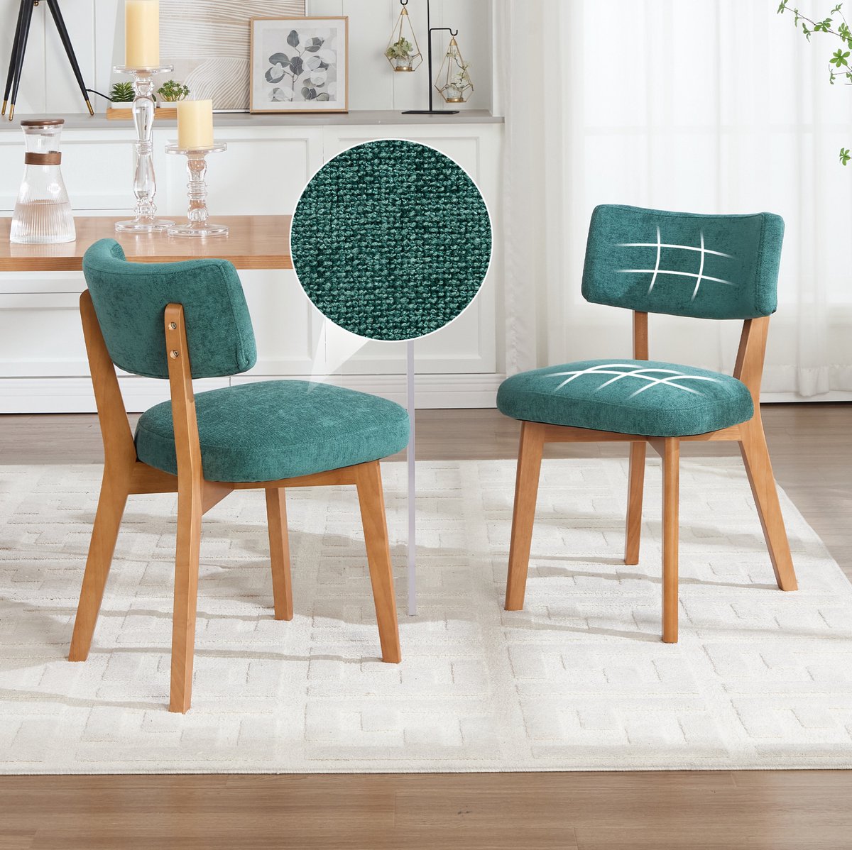 FloraGrace Eetkamerstoel – Ergonomische Gestoffeerde Zitting – Set Van 2 – Houten Onderstel – Mid Century Stijl – Groen – Voor Eetkamer Of Bureau