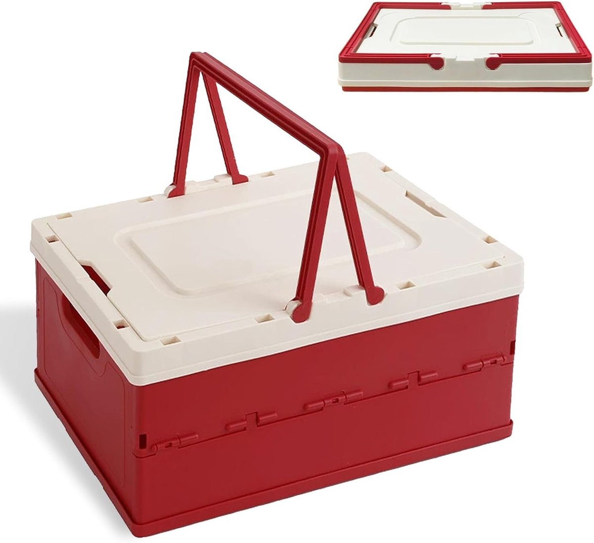 Opvouwbare mand met deksel en draaggreep, multifunctionele opbergdoos voor picknick, groenten, fruit en speelgoed, 10 liter vouwmand in rood-wit