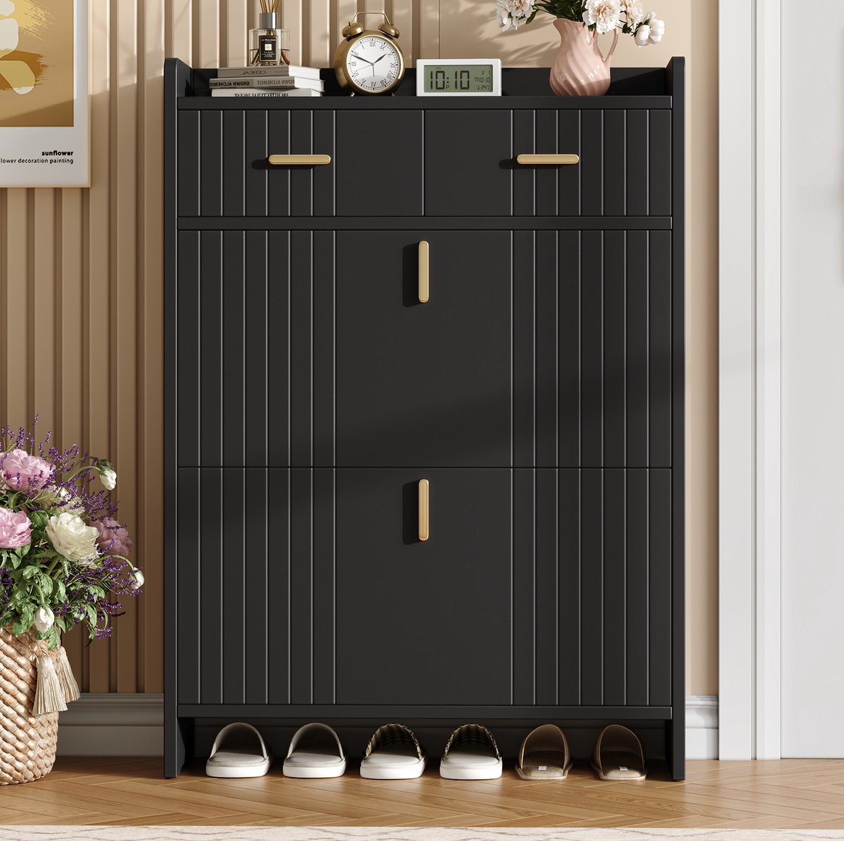 Wishdor - Schoenenkast - Smal ontwerp - 2 klapvakken en lade - Modern minimalistisch - Voor hal en entree - Houtlook - Zwart - 75 x 24 x 108,5 cm