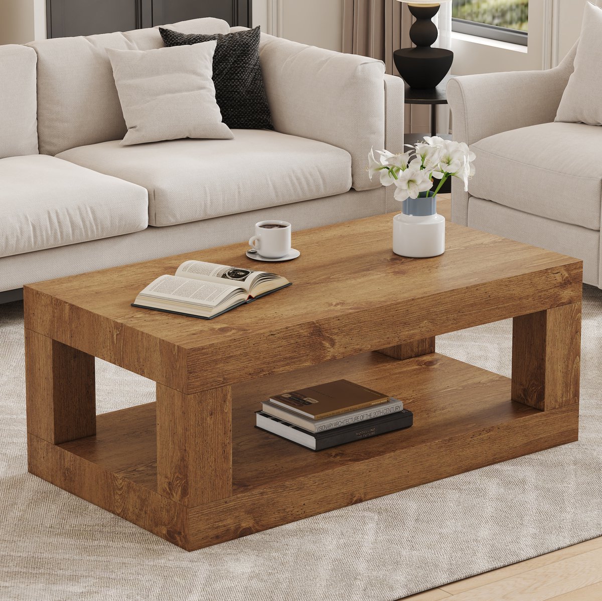FloraGrace Salontafel - Rechthoekig 2-Laags Design Met Open Opbergplank - Voor Woonkamer - MDF Houtlook - 93x53x46 Cm - Houtkleur