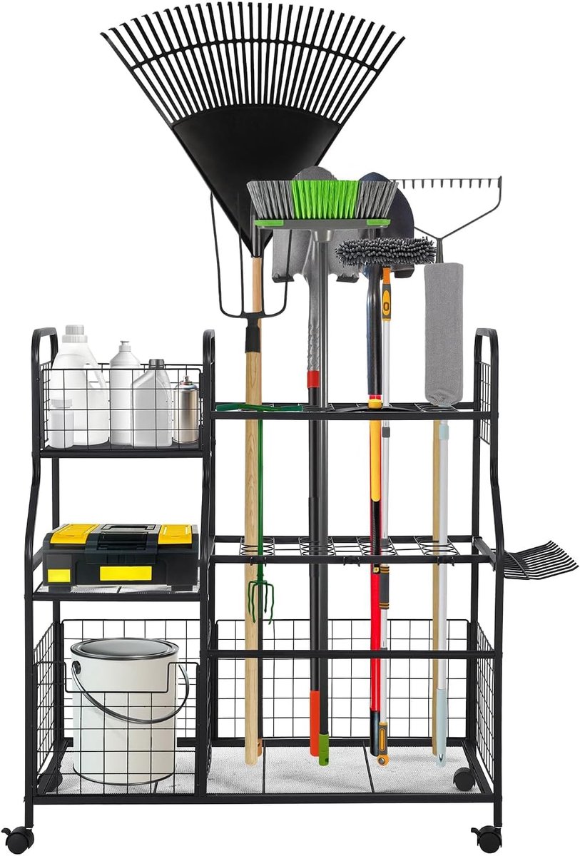 Mobiel Tuingereedschap Rek op Wielen - Garage Organizer met Manden en Haken - Gereedschapshouder voor Lange Stelen (Harken & Schoppen) - Metaal - Zwart