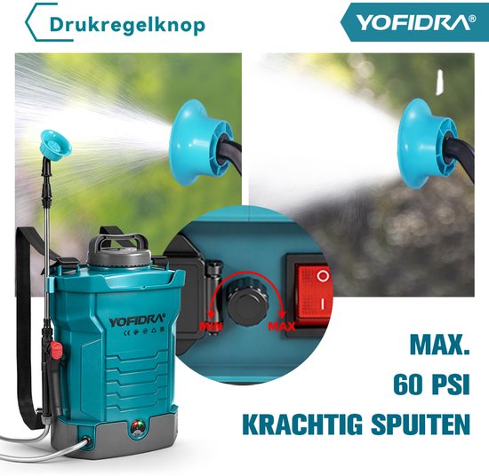 Yofidra Accu Drukspuit - Elektrische Drukspuit - 4.0 bar Druk - met Batterij - Rugzakverstuiver - voor Gazon, Onkruid & Terras van Yofidra — afbeelding 4