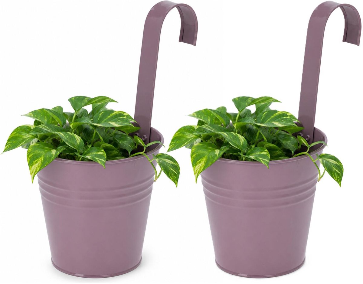 Progarden Bloempotje met haak - 2x - plantenbak zink met ophanghaak - paars - 20 x 13 x 26 cm - ophangbaar- Balkon/schutting plantenpot