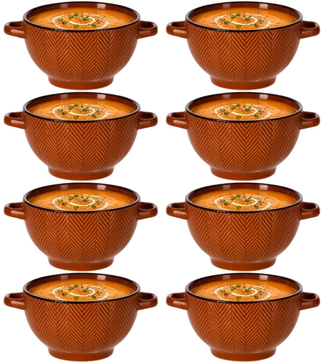 Siaki Soepkom Fishbone - 8x - met oor terra - 14 x 18 x 8cm - keramiek - kommetjes/schaaltjes - 680 ml