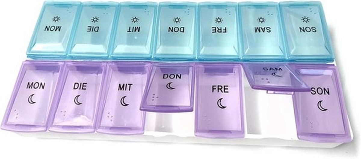 Tablettenbox voor 7 dagen met 14 vakken voor ochtend en avond