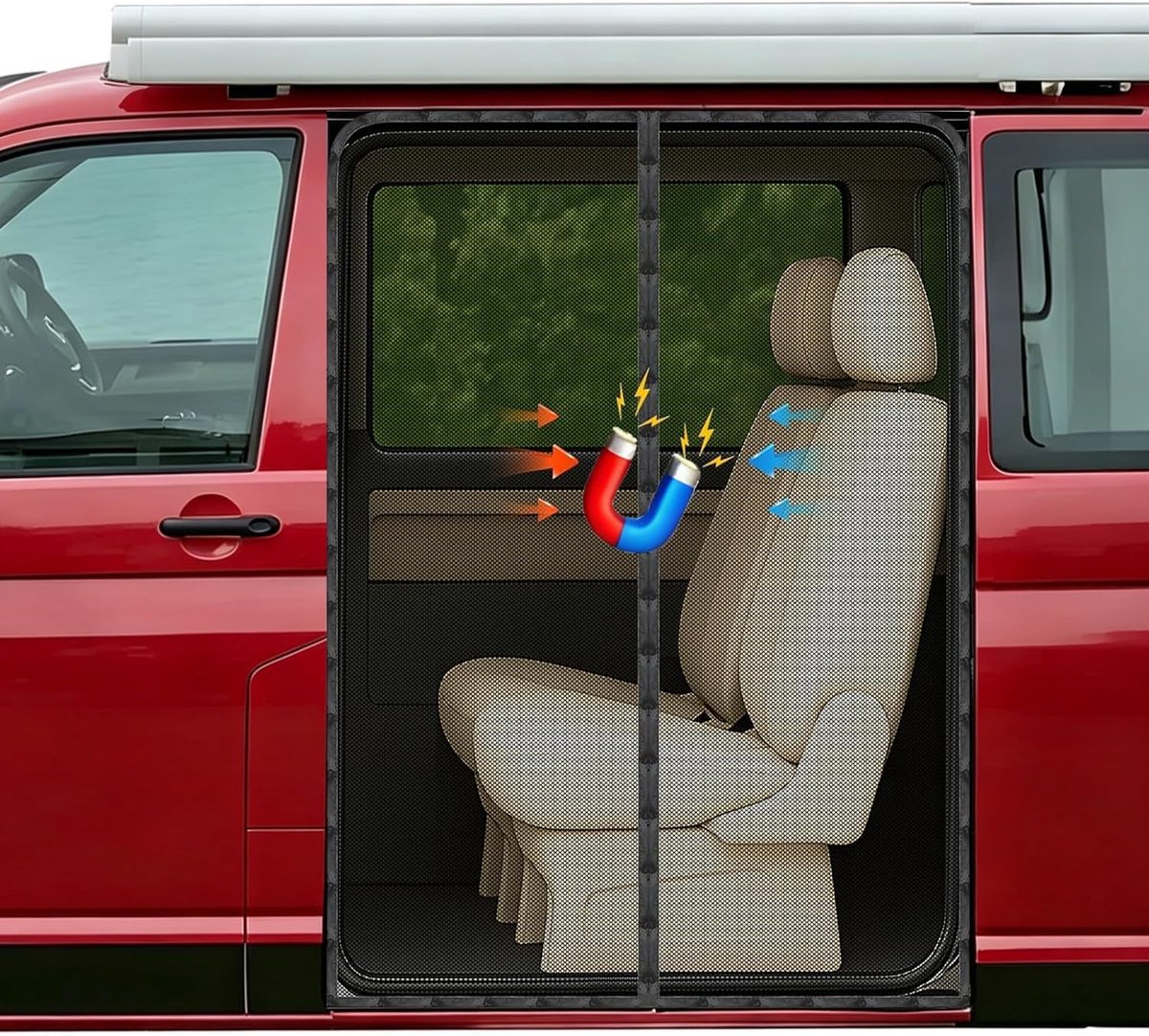 Magnetisch vliegengaas voor VW T5 en T6, ideaal voor schuifdeuren, insectenwering en campinggebruik, met schaduwnet en zijdeur bescherming