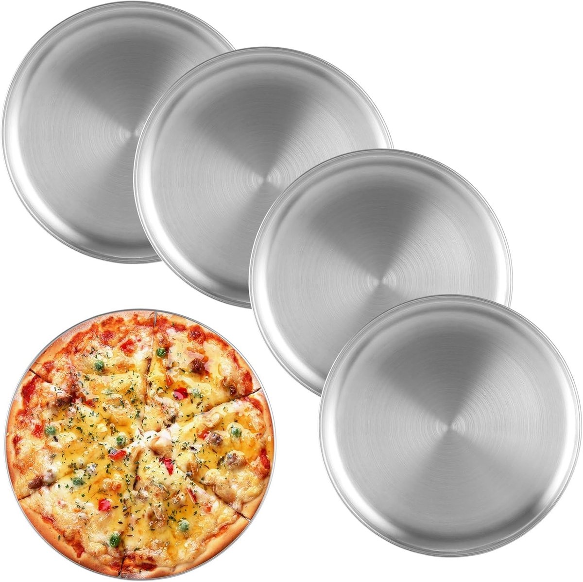 Set van 5 Ronde Pizza Schalen van RVS 30 cm voor Oven, Bakken, Serveren en Roosteren, Vaatwasserbestendig