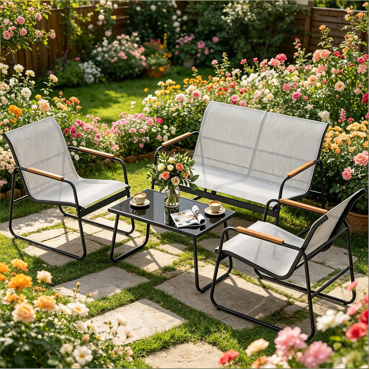 FloraGrace Loungeset - 4-Delige Tuinset Met 2-Zitsbank, 2 Stoelen En Tafel - Voor Balkon, Terras En Tuin - Metaal Glas Grijs
