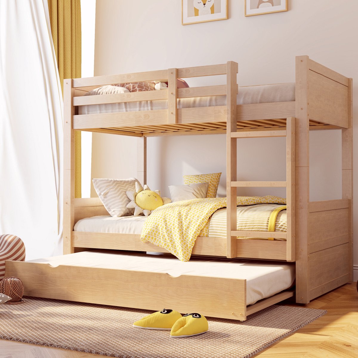 Sweiko Stapelbed - 90 x 200 cm - Met uitschuifbaar bed - Om te bouwen tot 2 eenpersoonsbedden - Veiligheidshekjes - Kinderbed - Natuurlijke