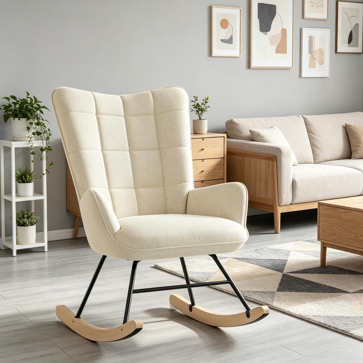 MIVRAY Schommelstoel 67,5 x 80 x 95 cm - Ergonomisch Met Hoge Rugleuning En Armleuningen - Voor Woonkamer En Leeshoek - Velvet Beige