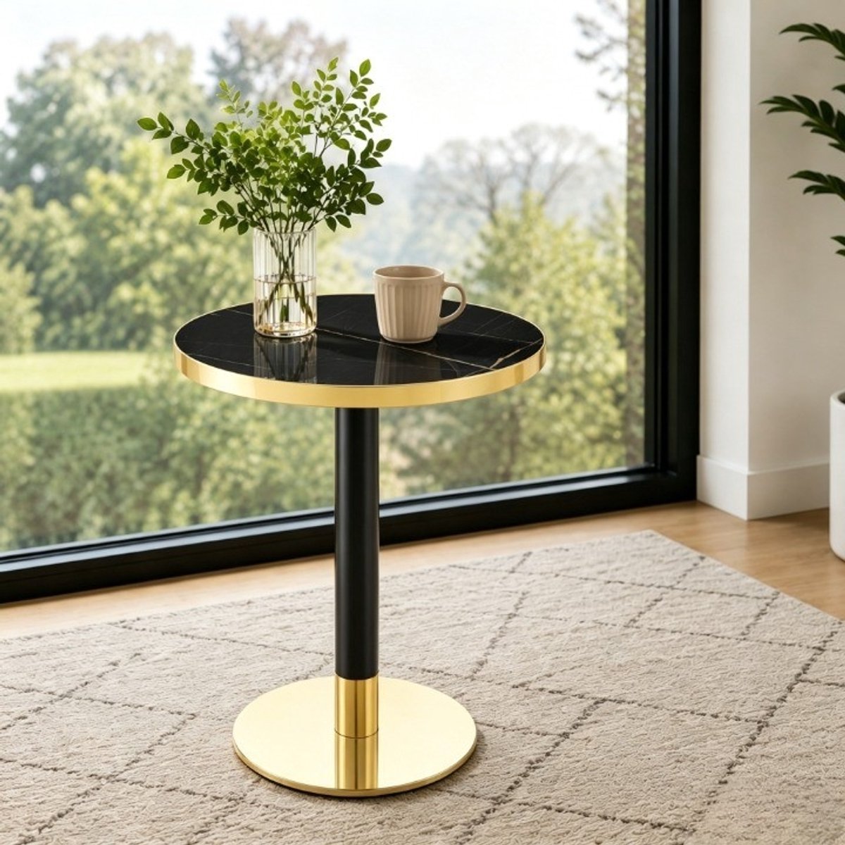 FloraGrace Bijzettafel - Ronde Marmerlook Tafel Met Gouden Rand - Voor Woonkamer Slaapkamer En Balkon - MDF En Metaal - 60 x 73,7 Cm - Zwart