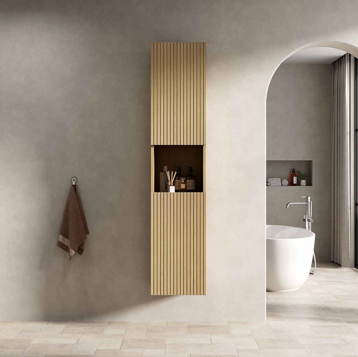 OKWISH Badkamerkast - Smalle Wandkast Met 2 Deuren En Open Vak - 35 x 35 x 160 cm - Voor B