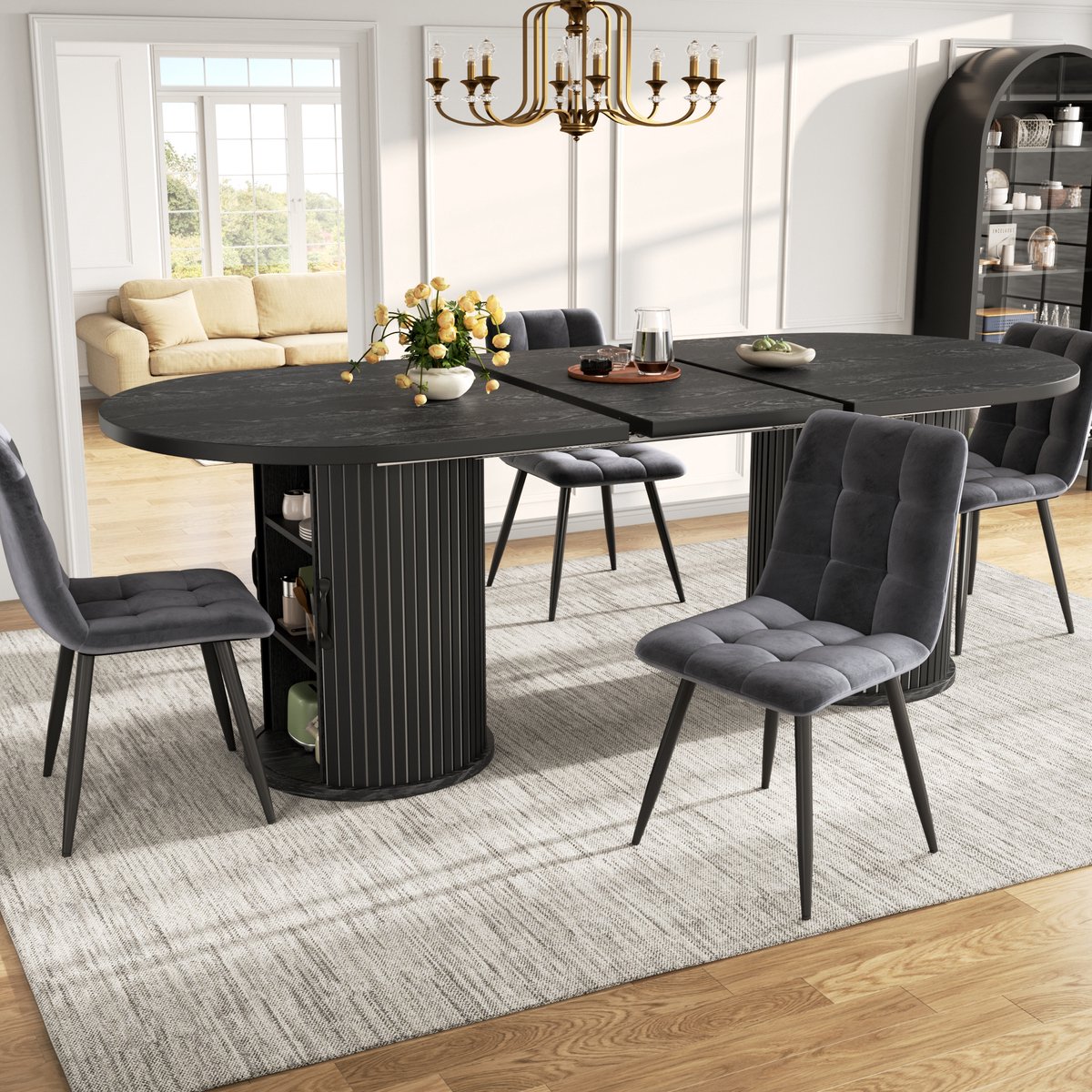 OKWISH Eettafel - Uitschuifbaar Met Verborgen Opbergruimte - 149,8-189,7 x 80 x 75 cm - Multifunctioneel Voor Kleine Ruimtes - MDF Zwart