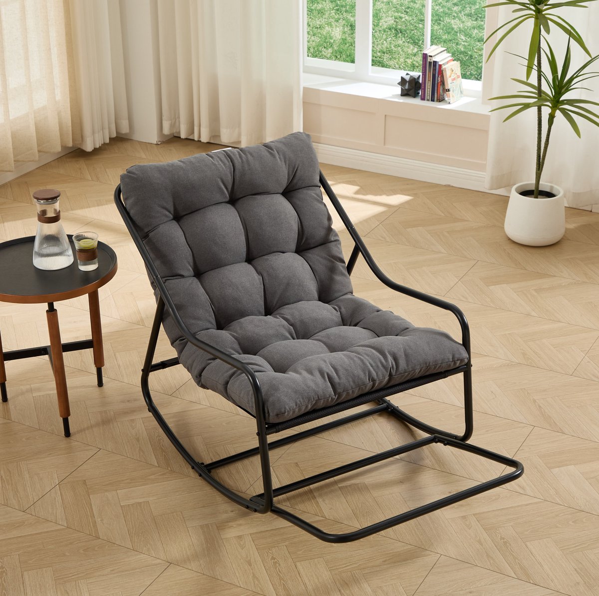 DESMIU Schommelstoel 75 x 116 x 82 cm - Dik Comfortkussen En Instelbare Schommelbeweging - Voor Woonkamer, Slaapkamer En Buiten - Staal Grijs Zwart