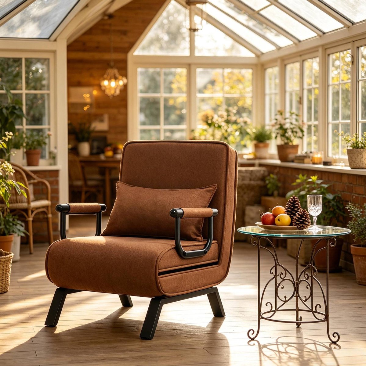 MIVRAY Fauteuil 65 x 78 x 75 cm - 3-in-1 Slaapstoel Met Verstelbare Rugleuning En Armleuningen - Voor Woonkamer En Slaapkamer - Linnen Metaal Bruin