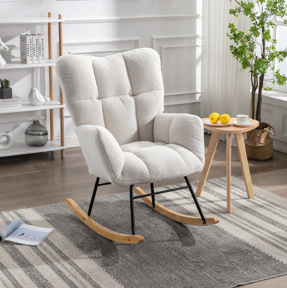 DESMIU Fauteuil 80 X 70 X 95 Cm - Schommelstoel Met Getufte Bekleding En Gewatteerde Zitting - Voor Woonkamer En Slaapkamer - Teddy Stof Wit