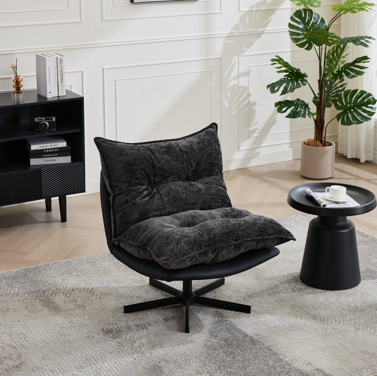 MIVRAY Relaxfauteuil 81 Cm - Draaibaar Met 3 Standen Rugleuning - Voor Woonkamer En Leeshoek - Stof Met Metaal - Zwart Donkergrijs