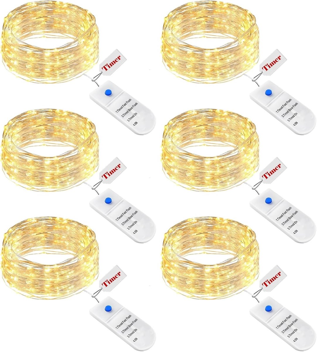 6 x Batterij Aangedreven Sfeerverlichting met Timer - 2 m 20 LED Mini Fairy Lights voor Binnen - Warm Witte Decoratie voor Kerst, Bruiloften en Feestjes