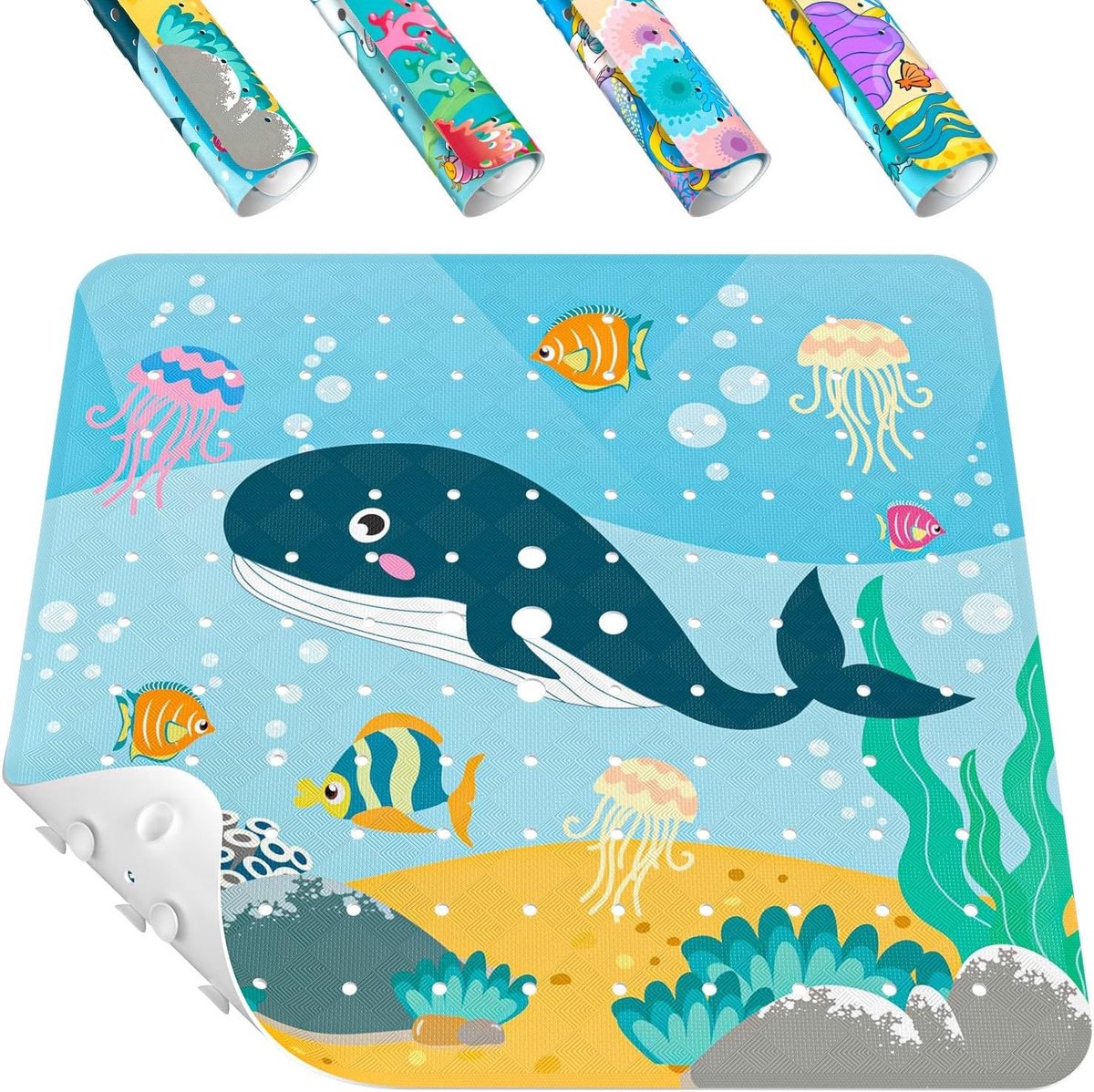 Vierkante Antislip Douchematt voor Kinderen, 53 x 53 cm, Badmat met Sterke Zuignappen en Afvoergaten, Zacht en Wasbaar, Veilig en Comfortabel