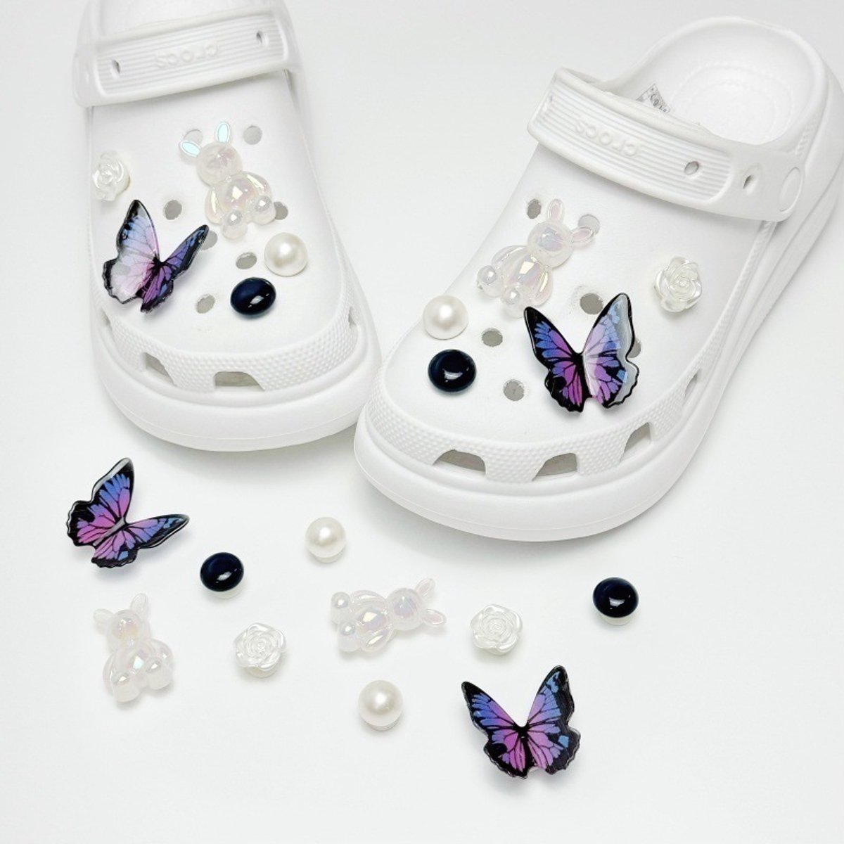 Schoenaccessoires-geschikt voor crocs charms- geschikt voor crocs pins- geschikt voor crocs Accessoires- geschikt voor Crocs Jibbitz-CJ-426 Zwarte Roosvleugelvis en Glanzend Konijn