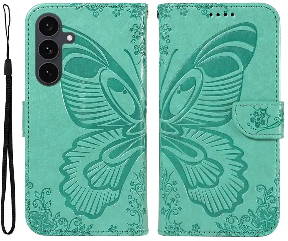 Hoesje Geschikt voor Samsung Galaxy S25 FE | Wallet Book Case Vlinder Kunstleer | Portemonnee | Standaard | Groen