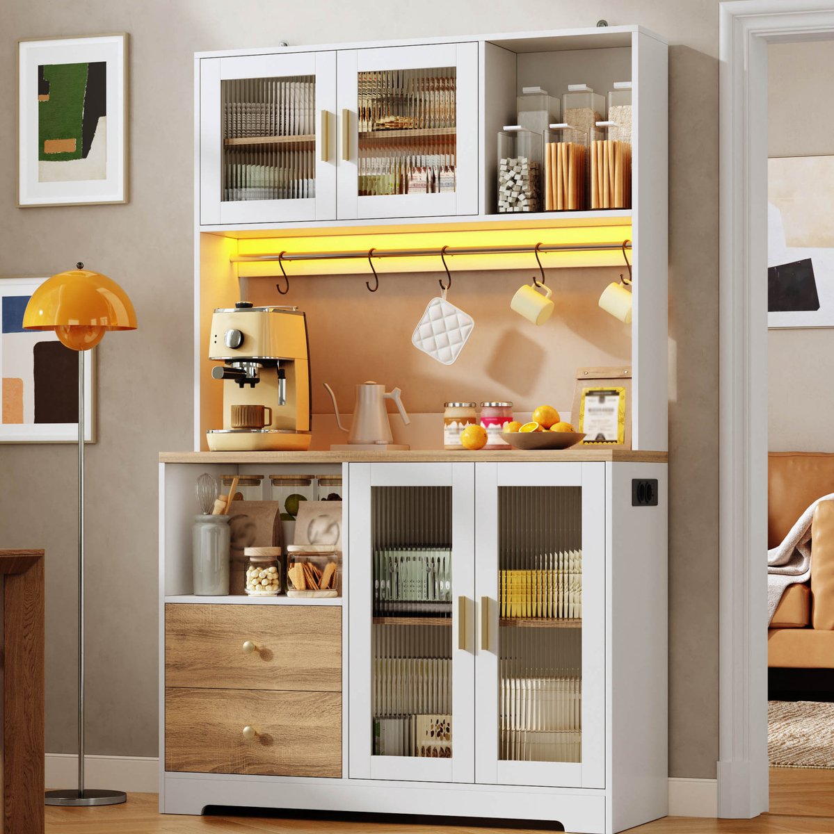 Wishdor - Keukenkast - 178 cm hoge opbergkast met LED, stopcontact en wijnrek - vitrinekast met glasdeuren - keuken of eetkamer - houtlook wit - 110 x 40 x 178 cm