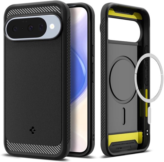 Zwarte telefoonhoes met carbon textuur aan de boven- en onderkant, met gele binnenkant.