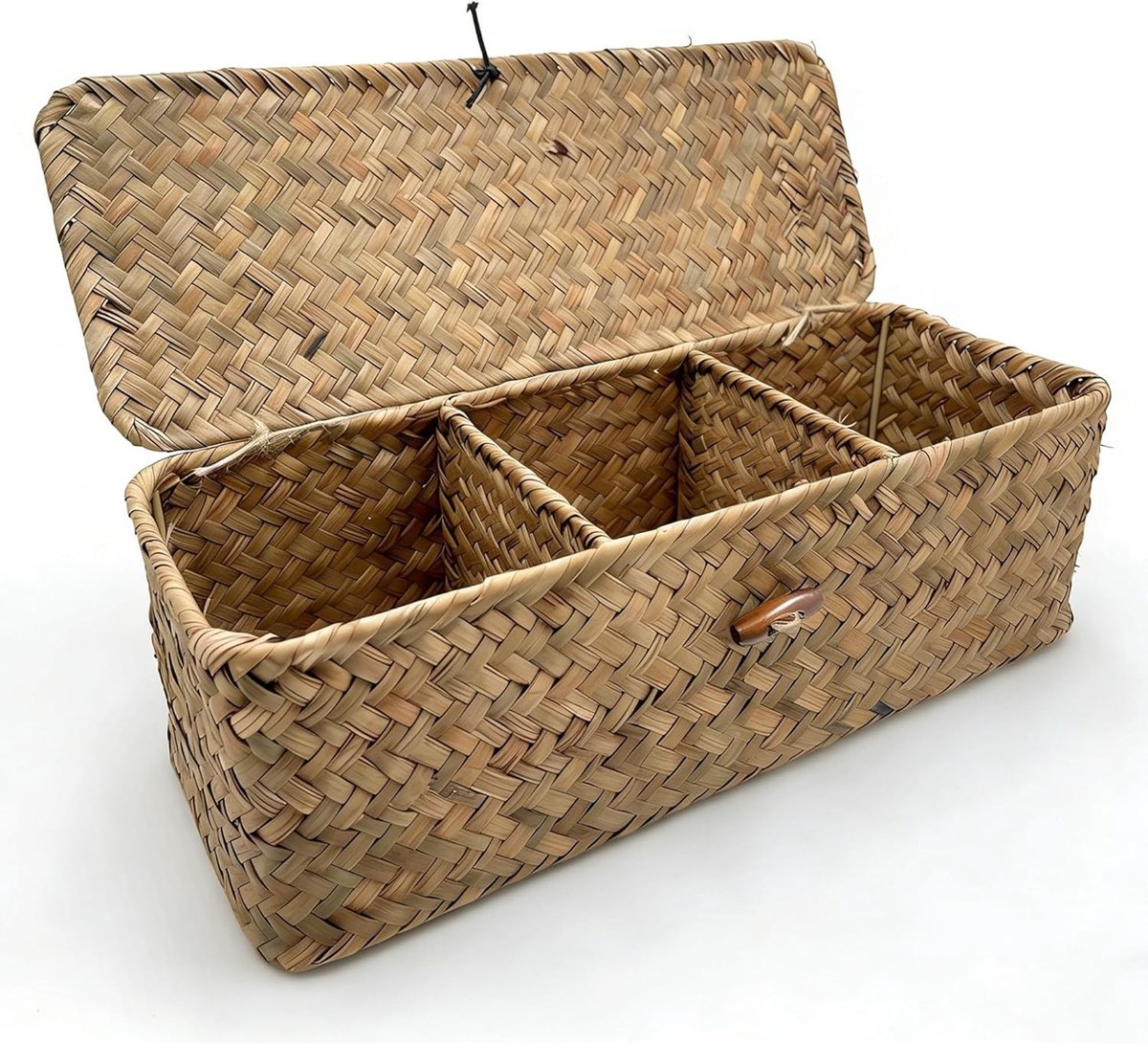 Opbergmand van zeegras, 32,5 x 12 x 10,5 cm, rechthoekige gevlochten mand met deksel en 3 vakken, multifunctionele opbergdoos voor slaapkamer, badkamer en woonkamer