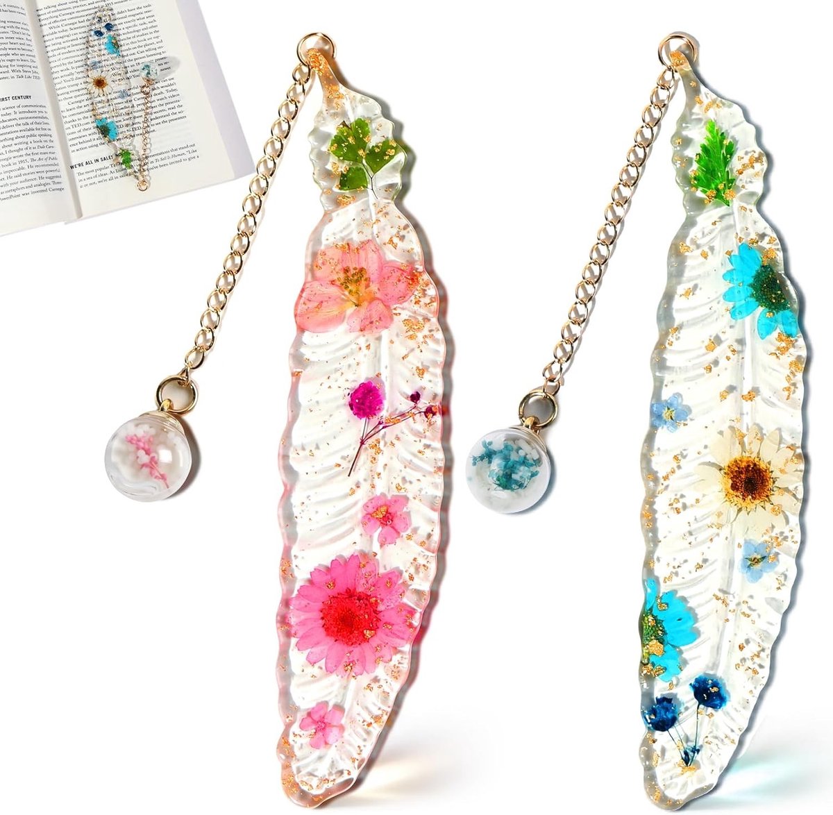 Geperste Bloemen Boekenleggers van Hars - Dried Flowers en Glanzende Glasparelketting - Unieke Leestools en Cadeaus voor Boekliefhebbers en Onderwijzers