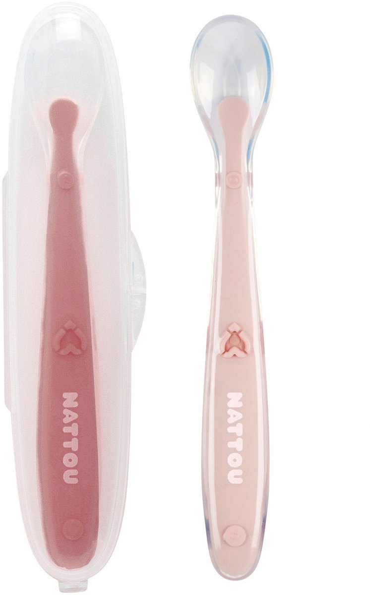 Nattou Mealtime - Siliconen Lepels voor Kinderen - 2 Stuks - 16 cm - Transportdoos voor 1 Lepel - BPA-vrij - Poederroze