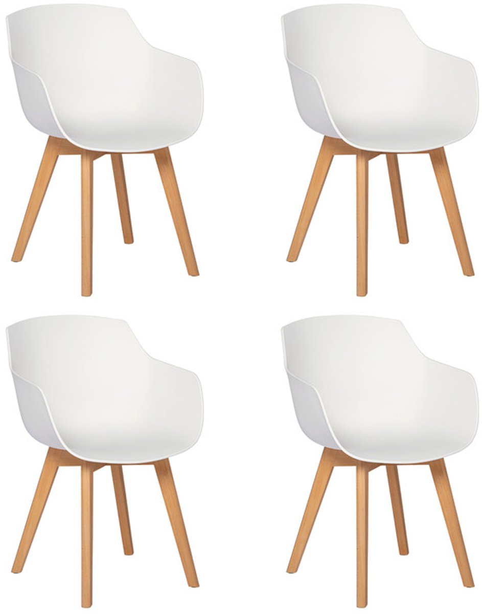 EGGREE Set van 4 eetkamerstoelen met armleuningen - wit | Keukenstoelen van polypropyleen met poten van beukenhout voor eet - en woonkamer