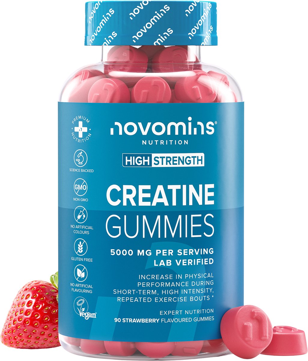 Creatine Gummies 5000 mg - Creatine Monohydraat - voor Fysieke Prestatie - Laboratorium-Geverifieerd - 90 Gummies - Novomins