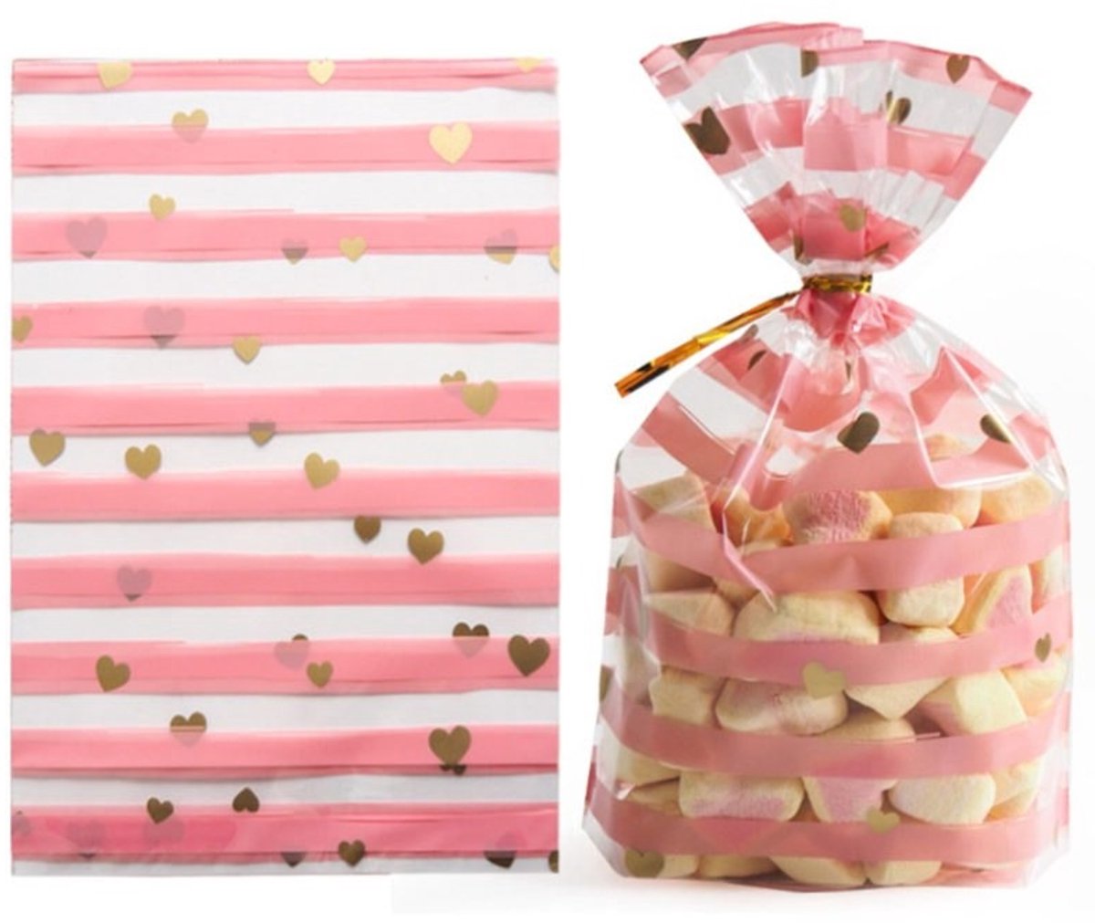 50x cadeauzakjes - Traktatie zakjes - Bedank zakjes - Uitdeelzakjes - Traktatiezakjes - Cadeauzakjes - Goodie bags - Snoepzakjes - Candy bags - 19x13 cm - Roze met hartjes - Jonyx