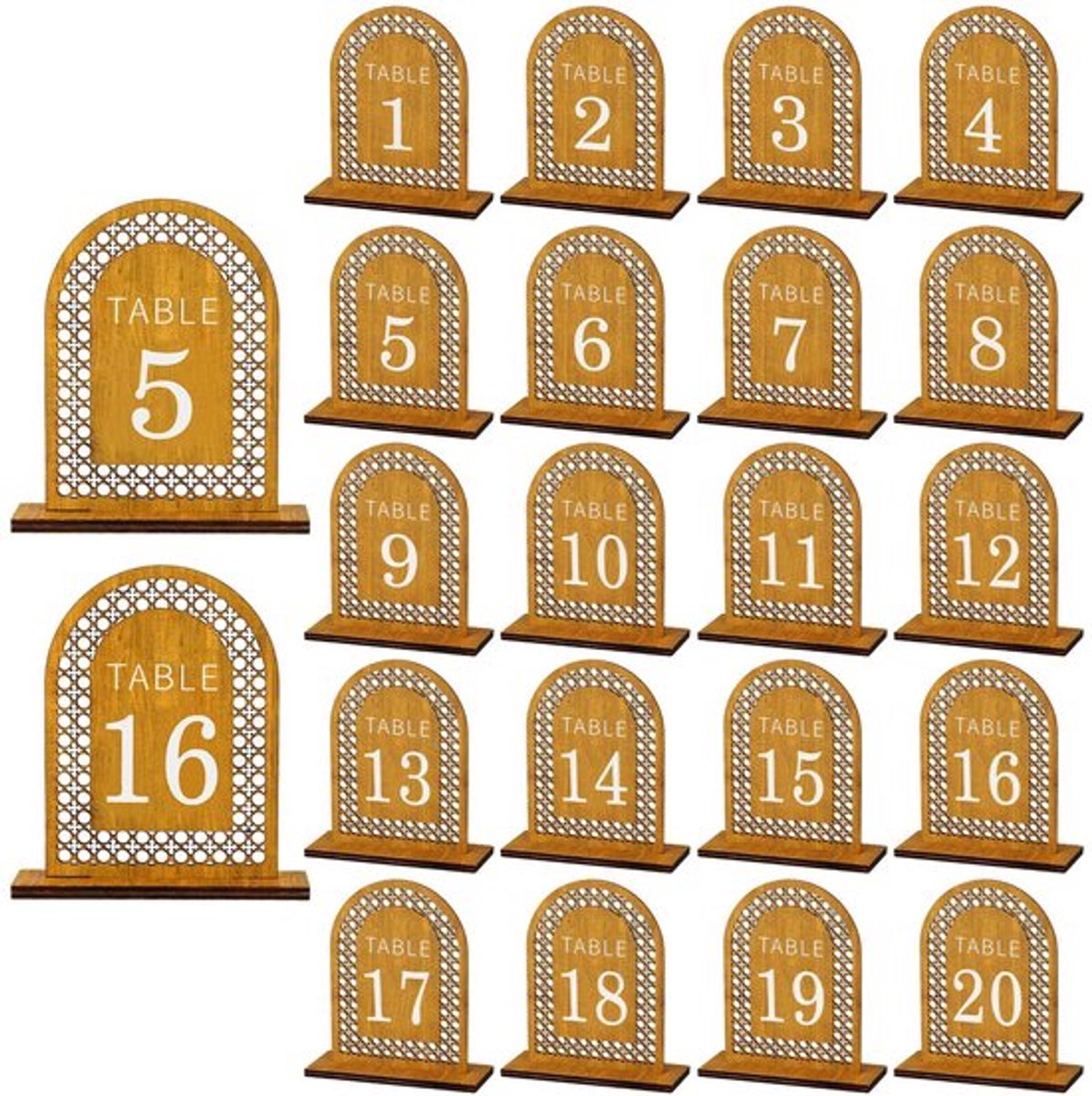20 Stuks Houten Tafelnummer, Rieten Boog Tafelnummer 1-20 Bruiloft Receptie Tafelnummer met Steunen voor Bruiloft Banket Restaurant Feestdecoratie (Houtkleur)