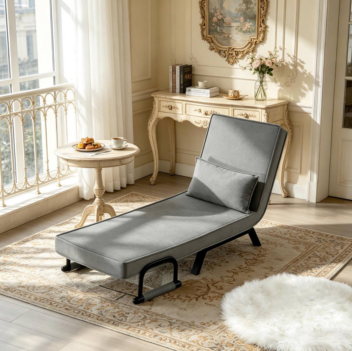 FloraGrace Fauteuil 65 X 78 X 75 Cm - 3-In-1 Opklapbaar Als Ligstoel En Eenpersoonsbed - Verstelbare Rugleuning - Linnen En Metaal - Grijs