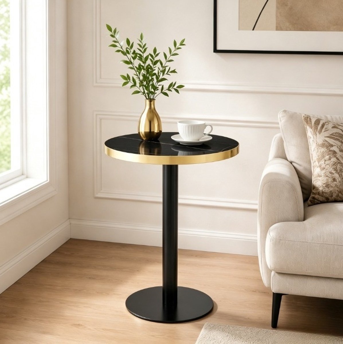 OKWISH Bijzettafel – Rond – Marmerlook – Gouden Rand – Metalen Onderstel – Voor Woonkamer, Slaapkamer Of Balkon – Zwart – 60 x 73,7 cm