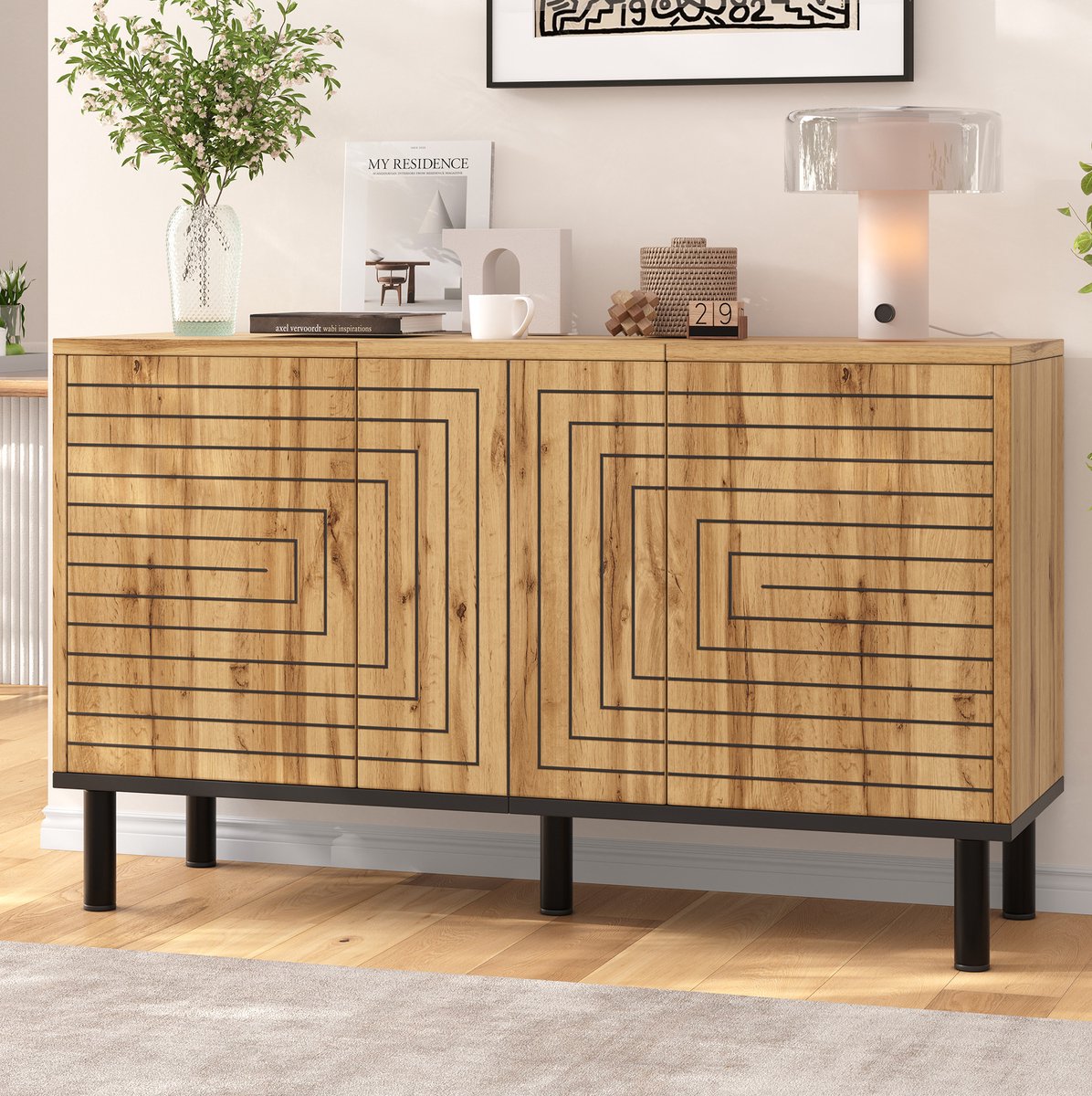 OKWISH Dressoir - 3 Deuren Met Druk-Opensysteem - Voor Woonkamer Eetkamer En Hal - Golfpatroon - MDF En Spaanplaat Naturel - 120 x 35 x 68 cm