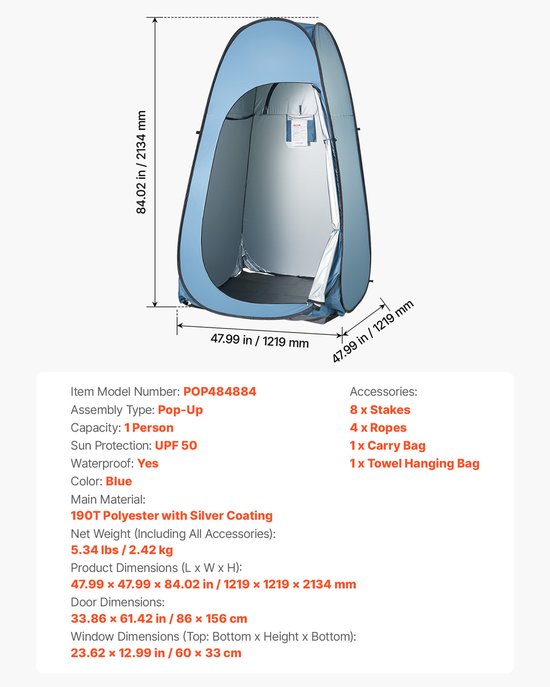 Opvouwbare Tent (1219x1219x2134 mm) Waterdichte Privétent met Omkleedruimte, Inclusief Haringen, Touwen, Draagtas en Ophangtas, Gemaakt van 190t Polyester voor Kamperen, Strand en Vissen, Blauw — afbeelding 3