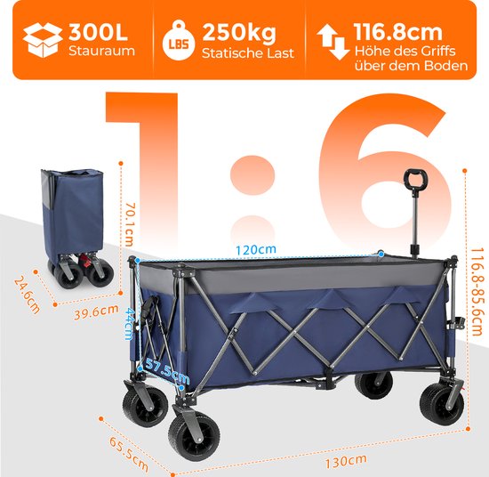 Handwagen - Bolderkar - Uitgerust met all-terrein wielen - Snelle montage constructie - 130 x 65,5 x 116,8 cm - Geschikt voor stranduitjes, winkelen, tuinwerk, picknicks, kamperen, sportevenementen, vissen en concerten - Blauw — afbeelding 2