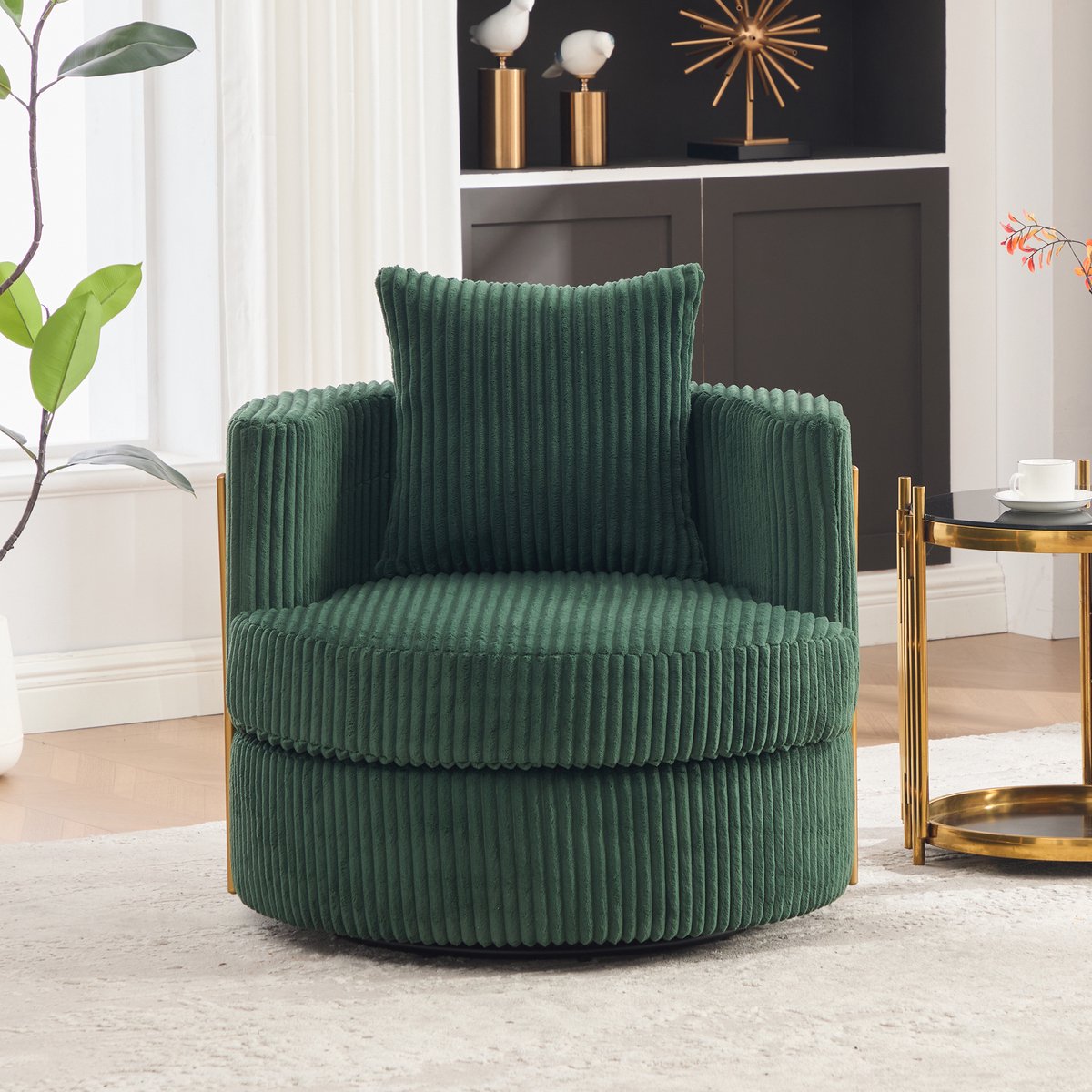 OKWISH Fauteuil – 360° Draaibaar Met Opbergruimte – Zachte Cord Bekleding En Gewatteerde Armleuningen – Voor Woonkamer Of Slaapkamer – Stof – Groen