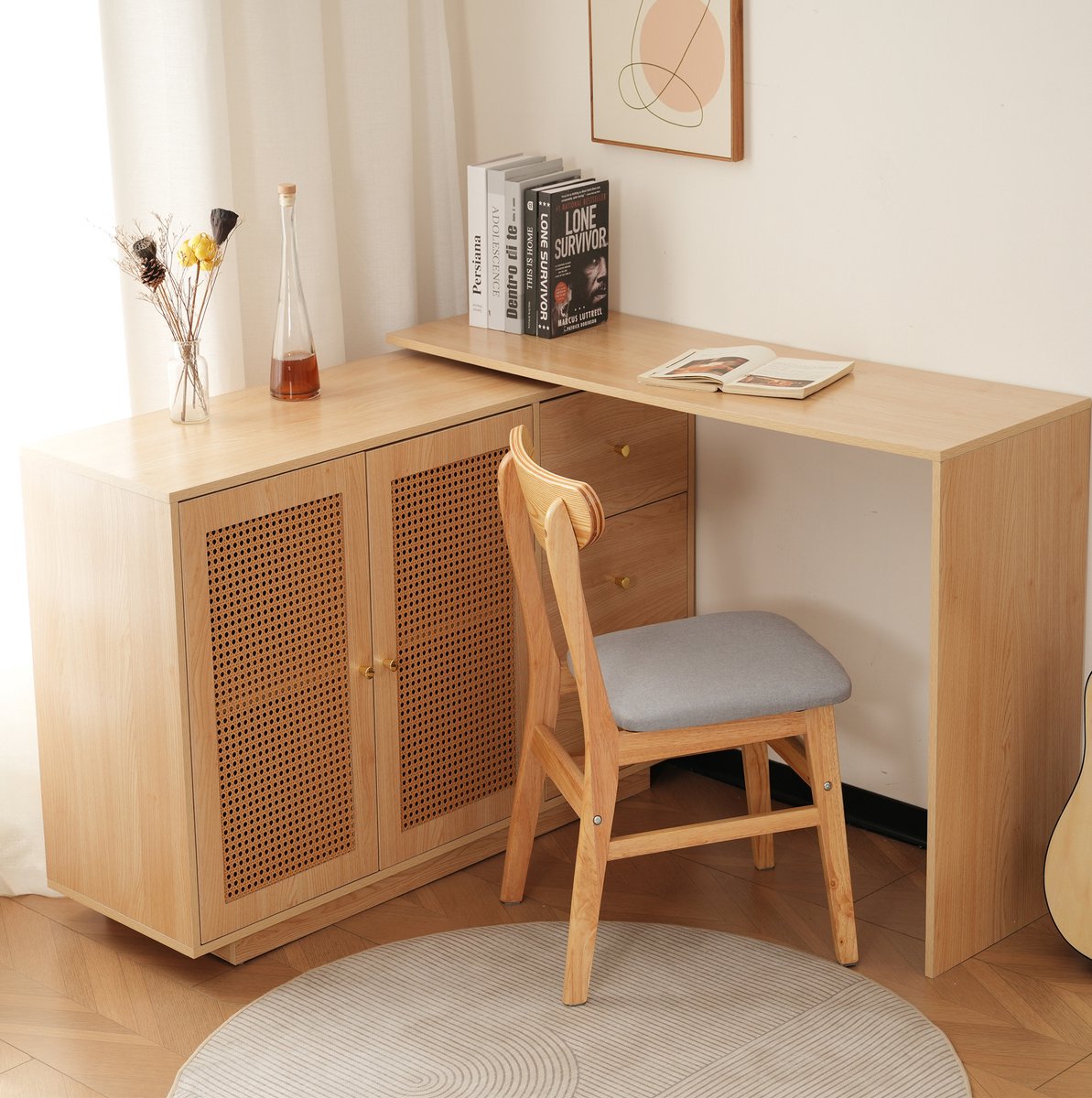 STILVORA Bureau - L Vormig Hoekbureau Met 360 Graden Draaifunctie En Opbergruimte - Voor Werkkamer En Kaptafelgebruik - MDF - Natuurlijk Houtkleur - 126 x 40 x 78,7 cm