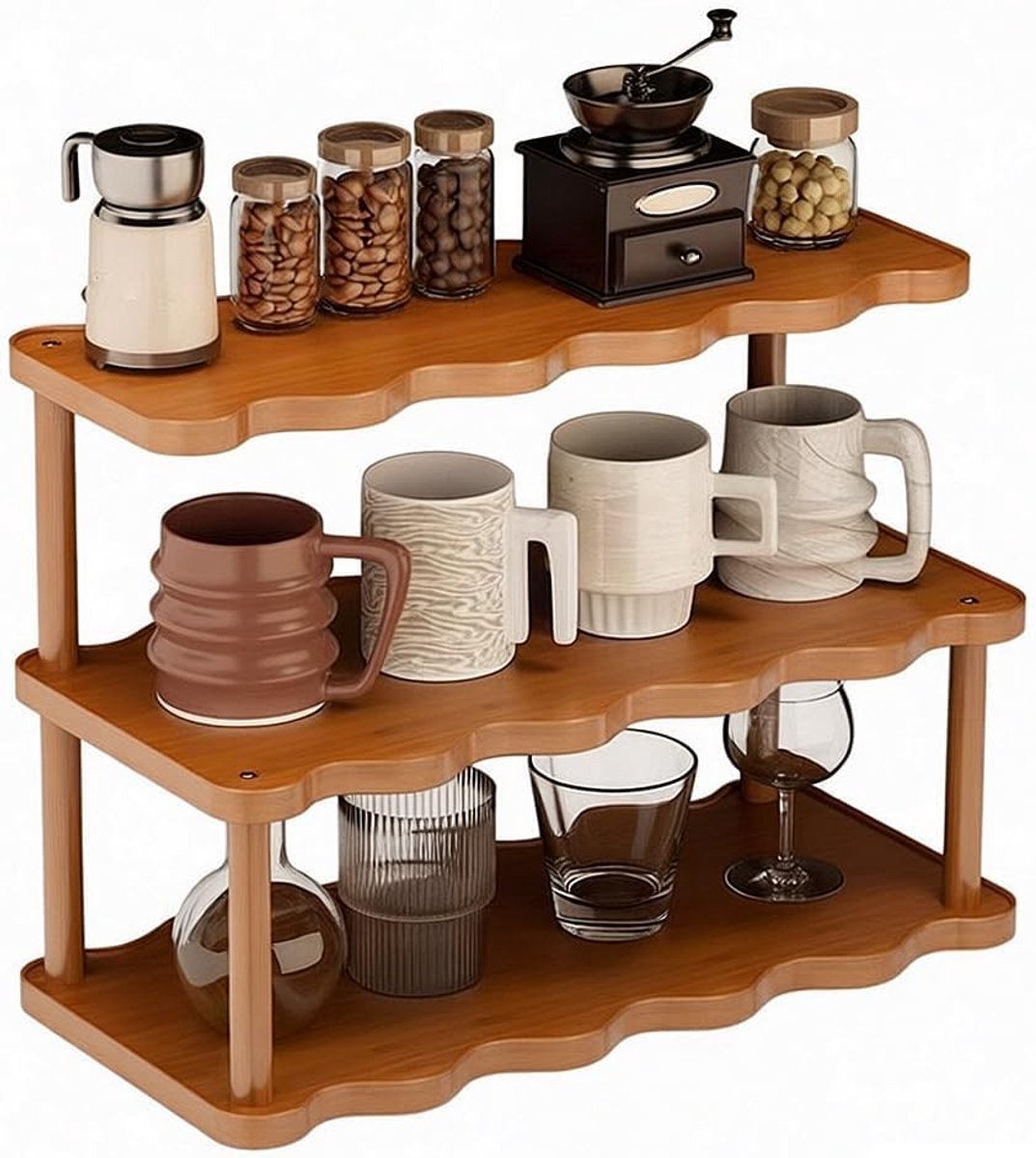 3-laagse Keukenkast Plank voor Specerijopslag, Mokhouder en Koffie Bar Accessoires, Ideaal voor Keukenorganisatie en Ruimtebesparing