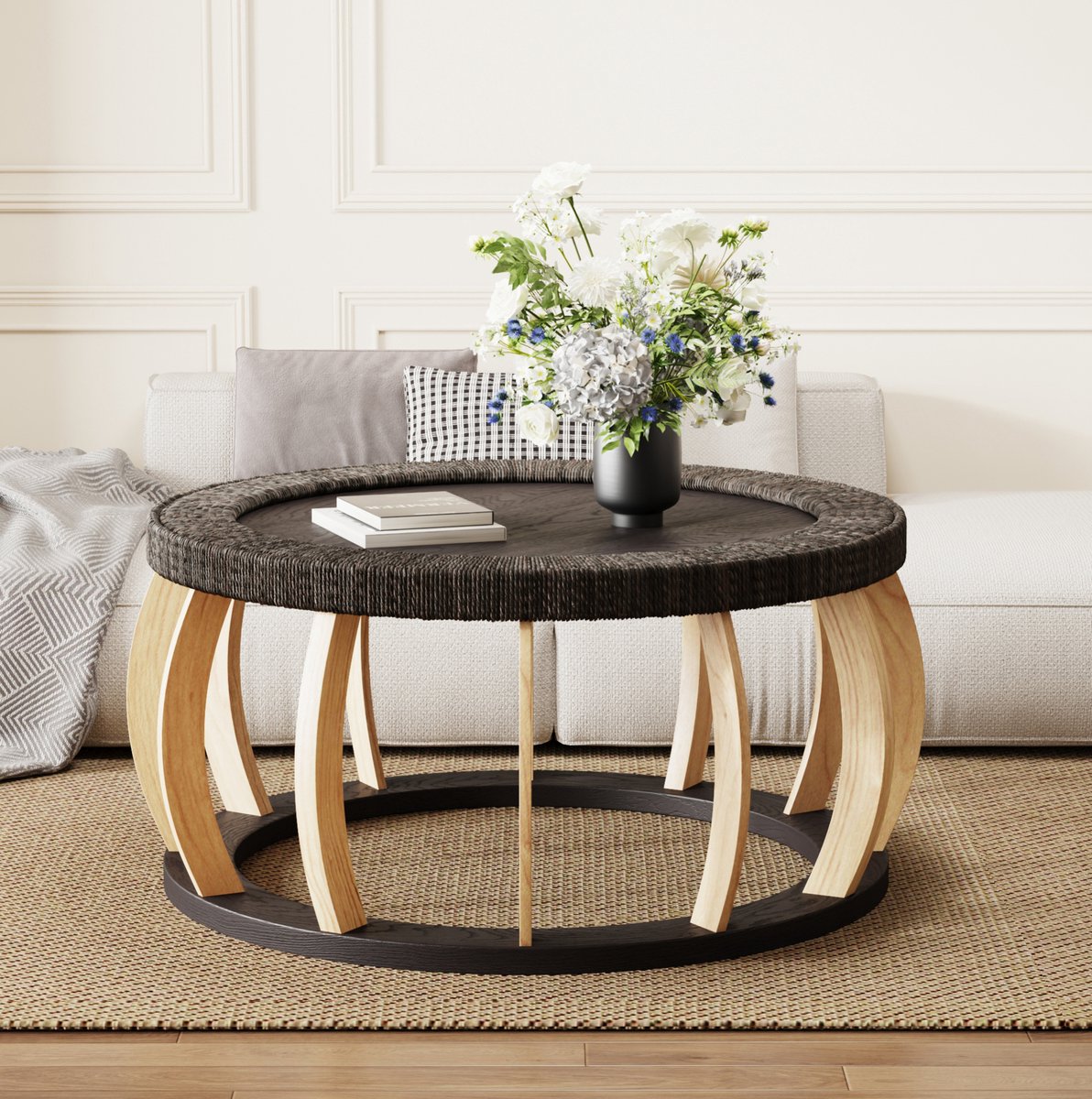 STILVORA Salontafel - Ronde Tafel Met Gebogen Poten En Rotanlook - Voor Woonkamer En Open Ruimte - Massief Hout En MDF - 90x43 Cm - Zwart;bruin