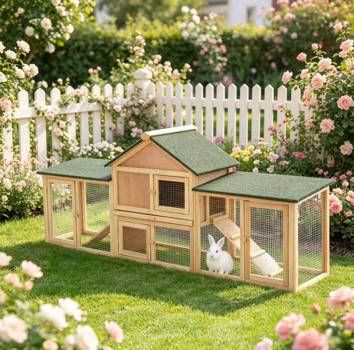 Wishdor - Konijnenhok - groot buitenhok met ren, loopplank en uitschuifbare lade - landelijk - tuin - grenenhout en metaal - natuurlijk groen - 210 x 45,5 x 84,5 cm