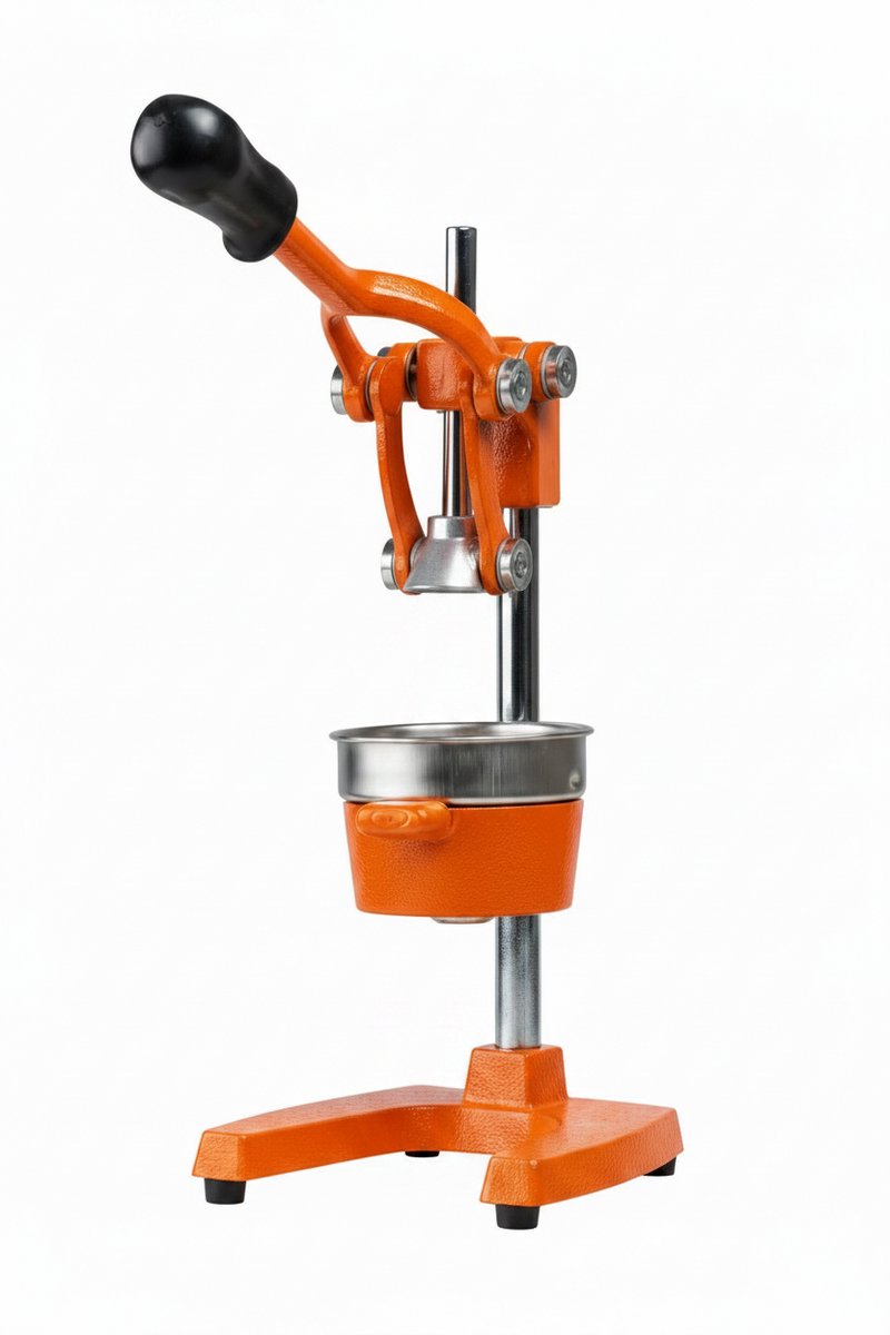 Cookinglife Gietijzeren Citruspers - Handmatige sinaasappelpers met pershendel en pulpfilter - O.a. geschikt als limoenpers, citroenpers of sinaasappelpers - Hevelmodel Oranje - Horeca Geschikt