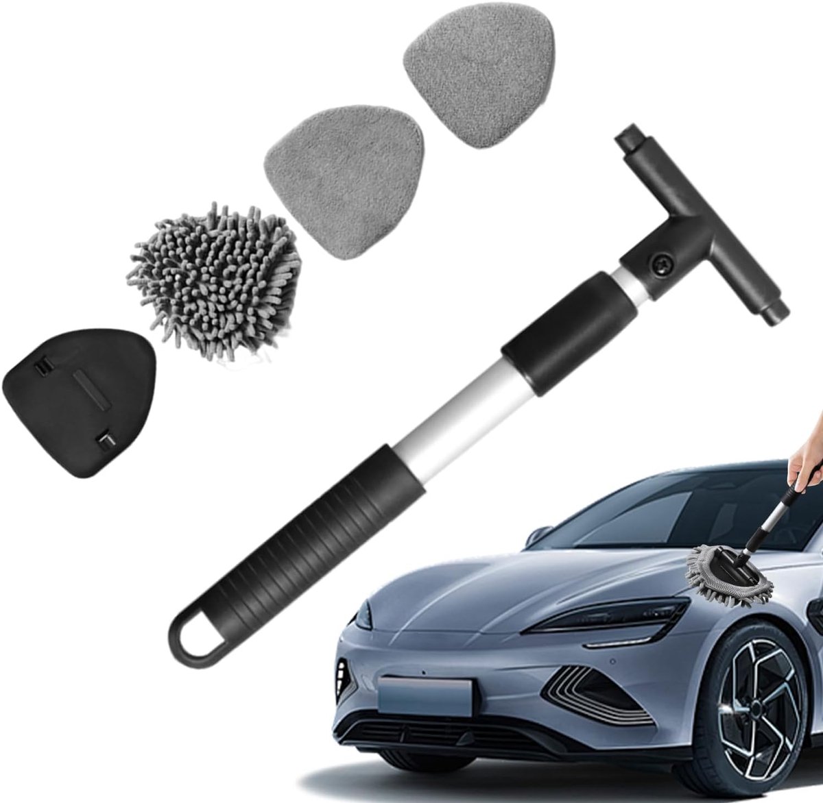 Autowasborstel Lange Steel - Reinigingsborstel Auto - Glas Reinigen - Dubbele Borstelharen - Verstelbaar - Grijs
