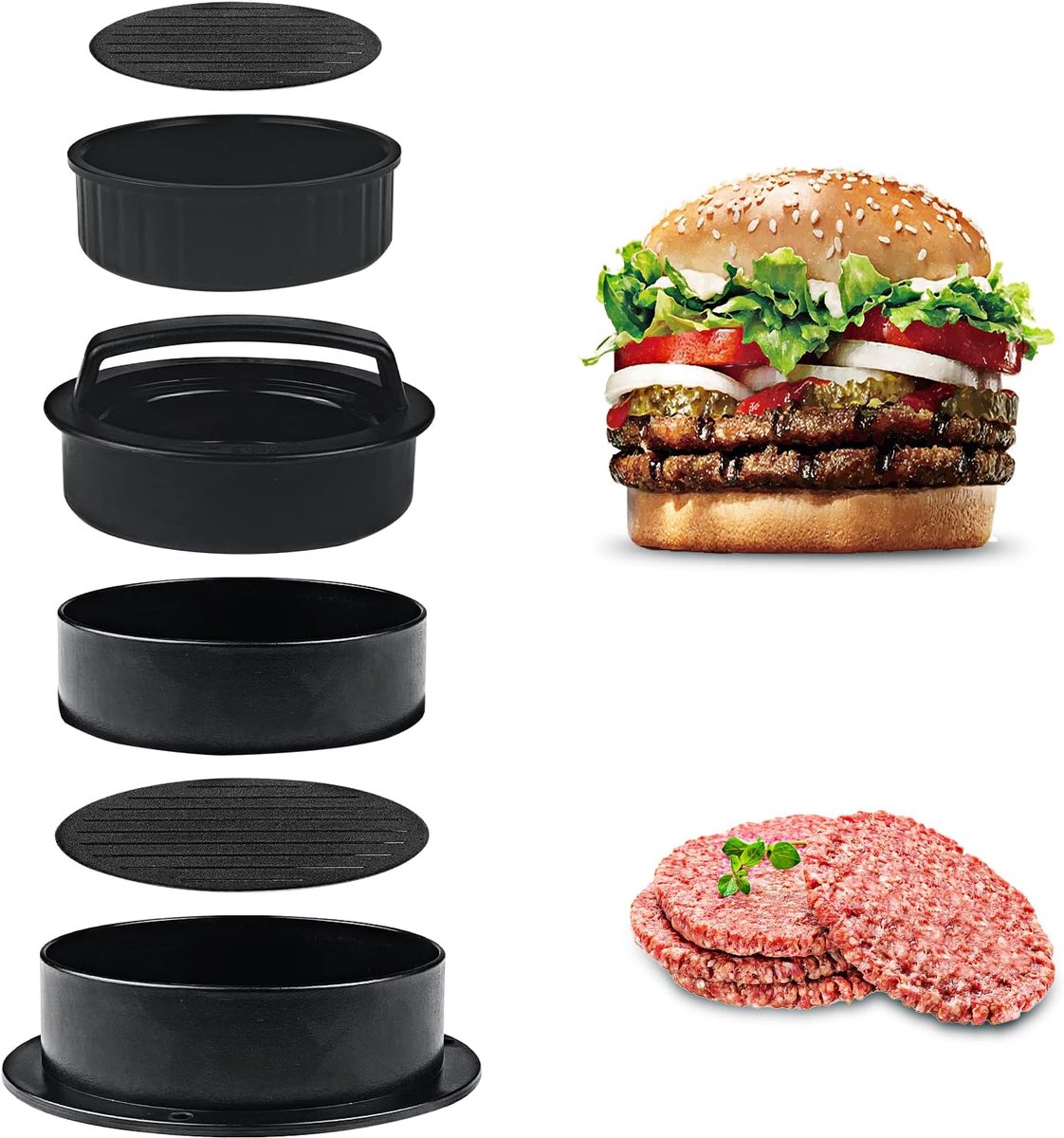 3 in 1 Hamburgerpers - Hamburgermaker - kunststof Burgerpers - Tofu pers - BBQ accessoires - keuken accessoires - Voor lekkere hamburgers, groenteburgers, Beef Burger, BBQ, roet, kleine patties - Zwart